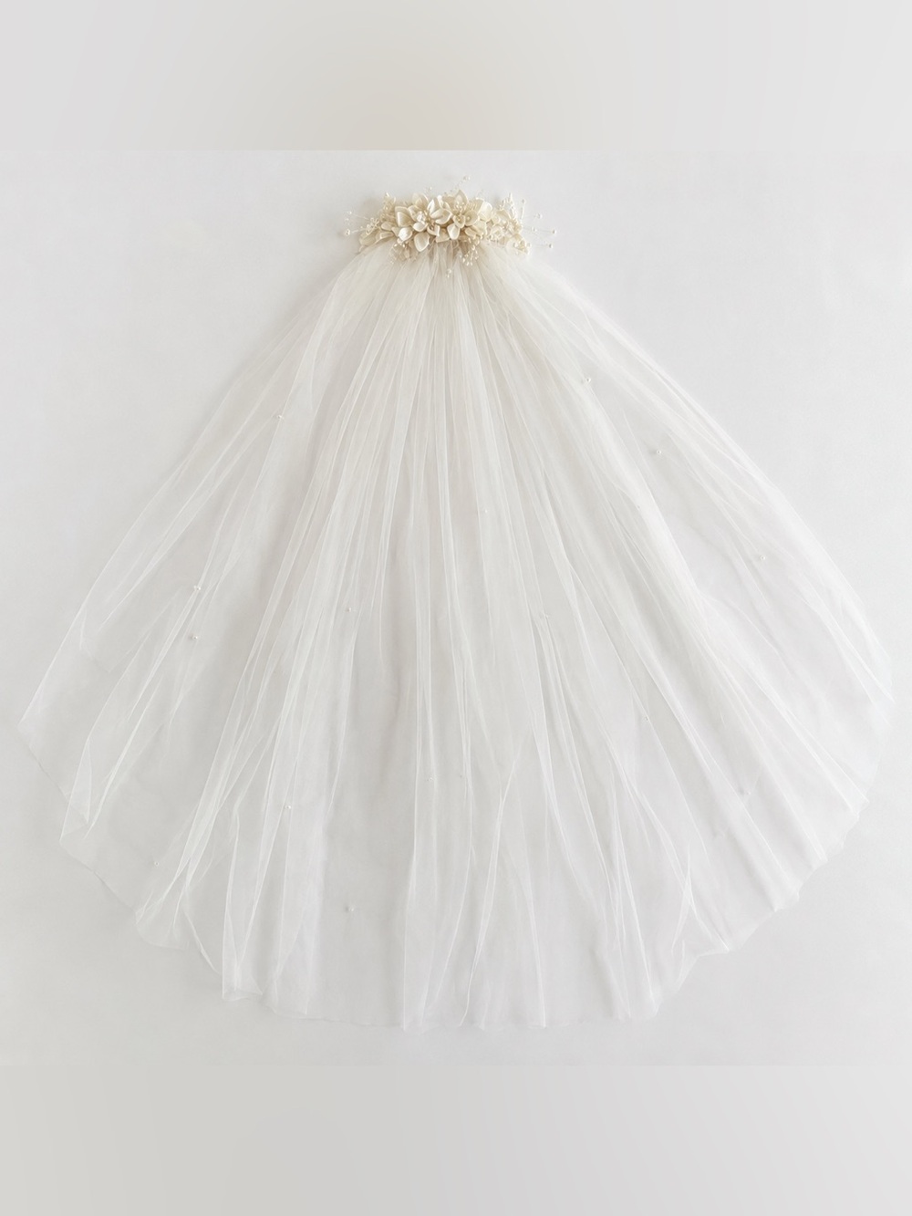 Vintage T&G Bridal Wedding Veil 40” Two Tier Pearl Floral Fingertip Original Box